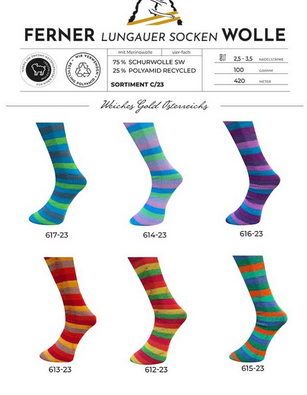 Ferner  Sockenwolle  4fach, Streifen, Farben 612-617